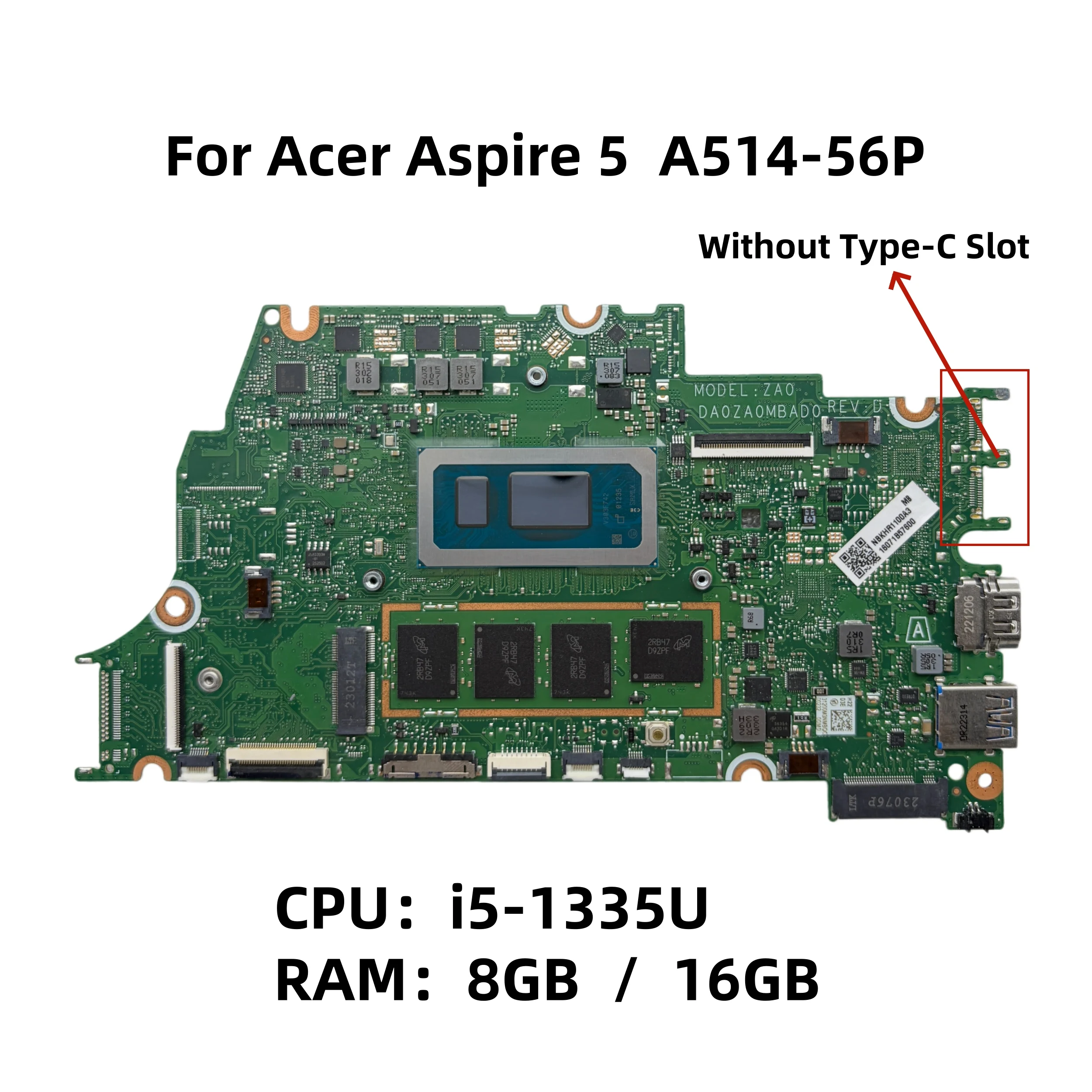 Placa-Mãe Nova para Notebook Acer Aspire 5 A514-56P DA0ZA0MBAD0 com CPU i5-1335U 8GB/16GB-RAM NBKHR1100A NB.KHR11.00A 100% Testada