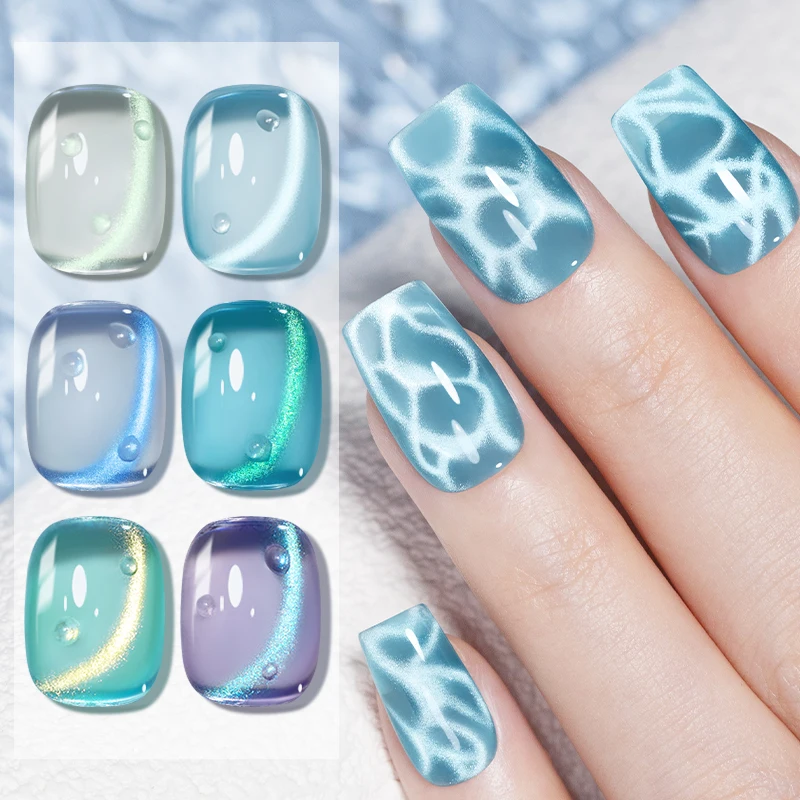 AWStorG 6Pcs 7.5ml Blue Glitter Ocean Ripple Cat Eye Gel Cat Shining Reflective Magnetic Nail Polish Long Lasting Soak Off UV Na