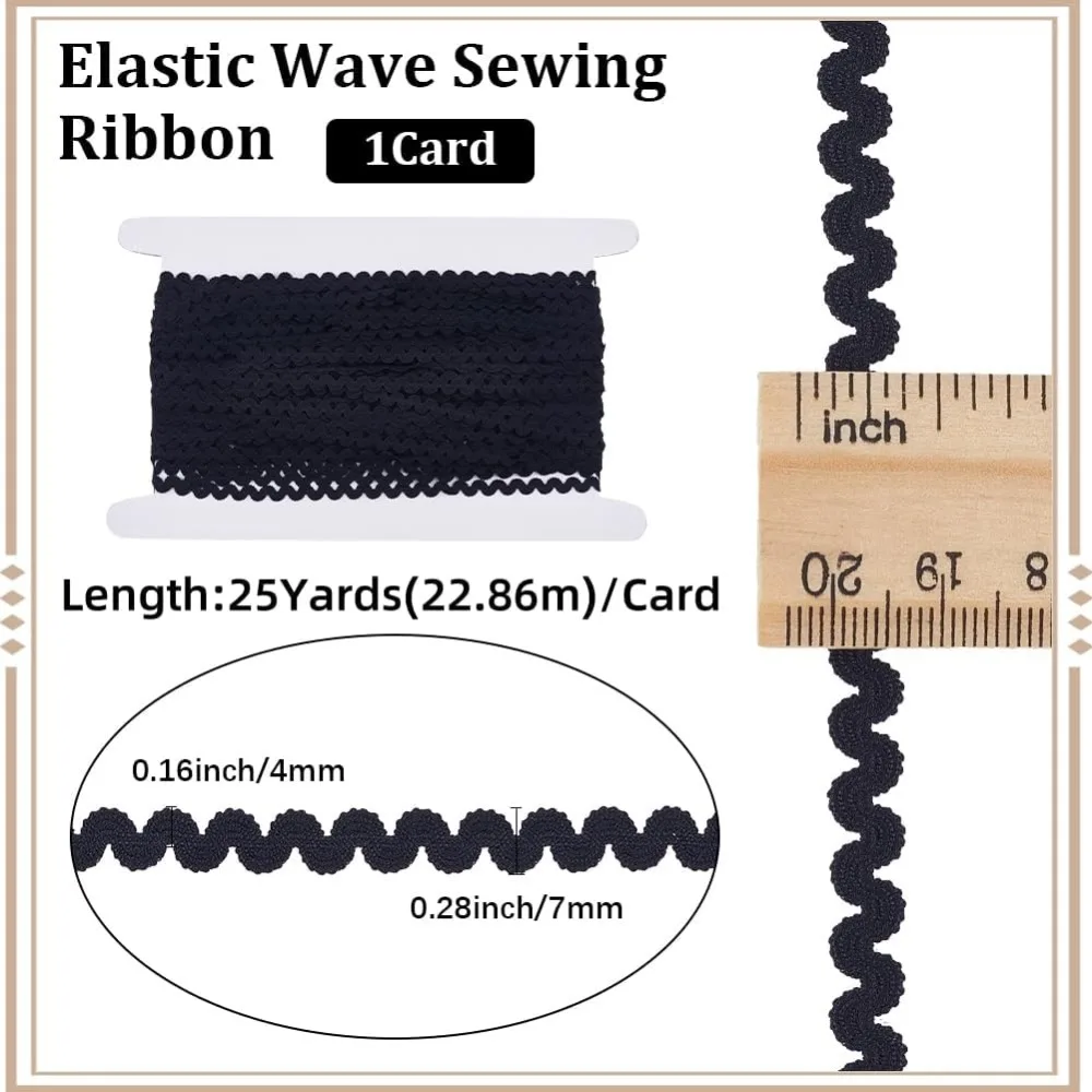 25 Yards Polyester Elastic Wavy Fringe Trim Ribbon Stretchy Wave Bending Lace Trim Black 1/4 inch(7mm)