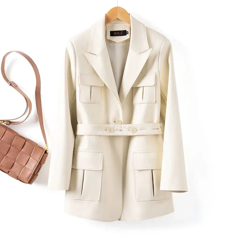 Damski garnitur jesienno-wiosenny, skórzana kurtka z kołnierzem, nowa moda, płaszcz wiatrówka o średniej długości, damski casualowy płaszcz ze skóry owczej z paskiem T1493