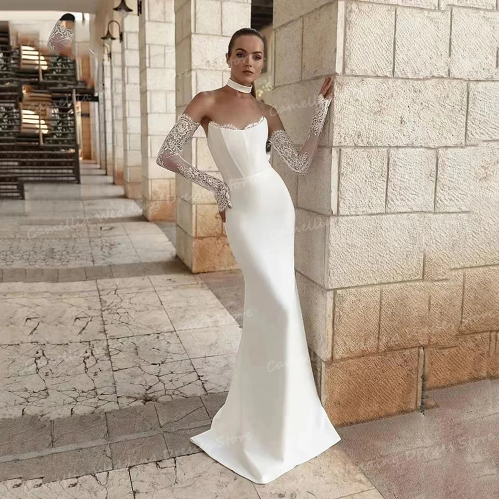 Robe de mariée sirène sans bretelles pour femmes, robes de mariée sexy, dos nu, manches en dentelle, satin plissé, patients, quoi que ce soit, éducatif, 2024