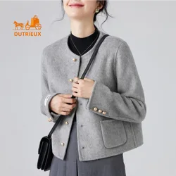 Nuovo cappotto invernale da donna, cappotto di lana 100% fronte-retro di fascia alta, delicato corto, girocollo, elegante giacca in cashmere per i viaggi