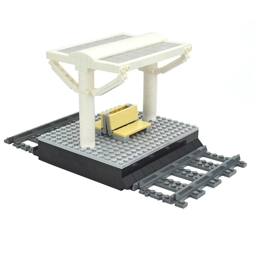 MOC Train Bus Station Bridge Brick Traffic Signs Roadblock Model Scene City Train walkway Tracks Rails Building Blocks Toy