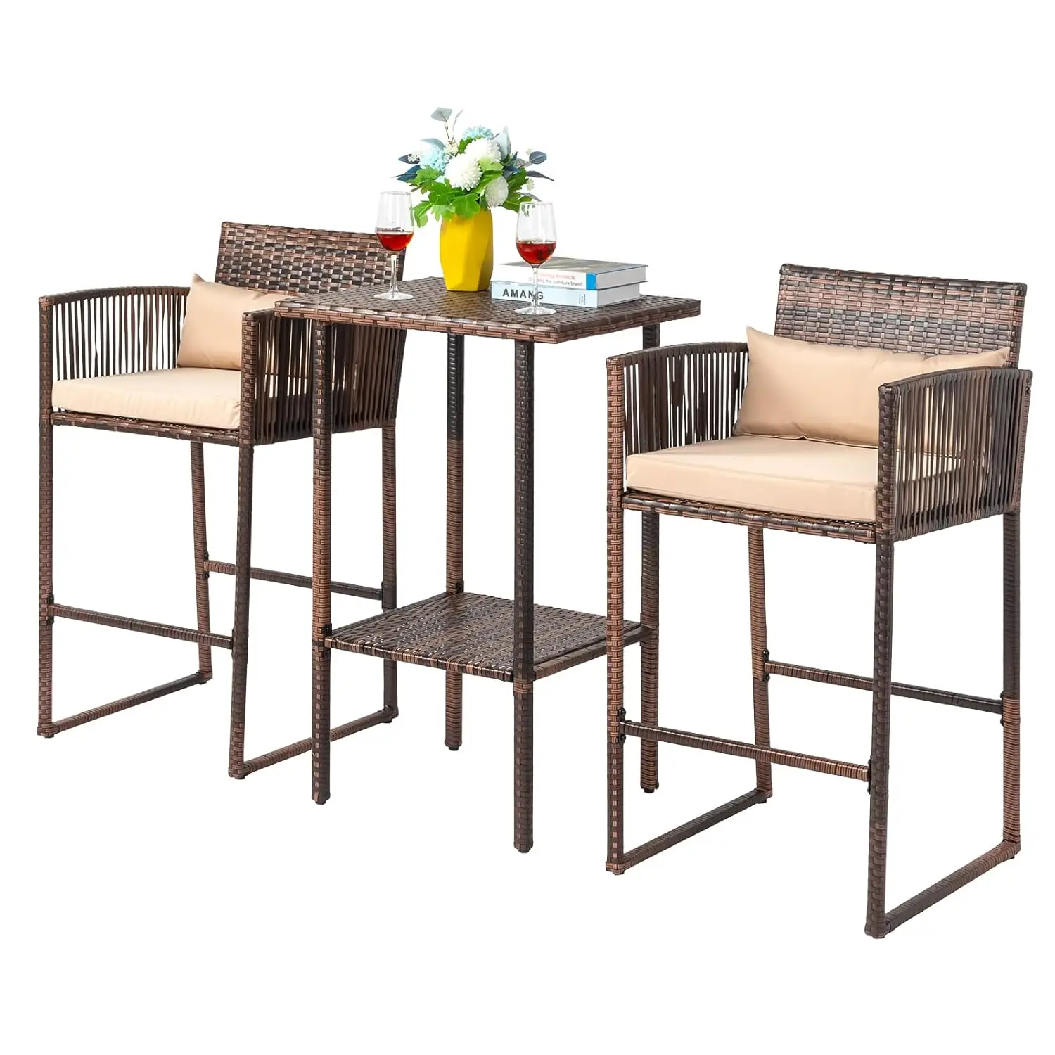 

3 PCS Patio Bar Set Wicker Outdoor Bar Table & Stools Storage Shelf Cushions Bar Height Furniture, Customized
