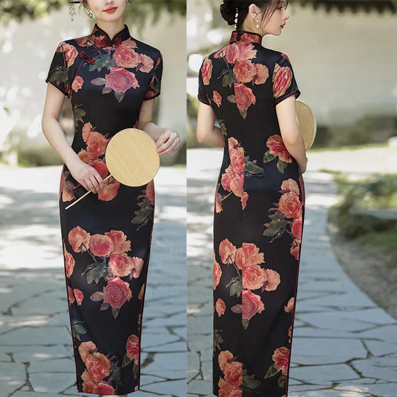 Sexy Improved Chinese Dress Floral Print Qipao Short Sleeve Chesongam 2025 Summer Autumn New Qipao Dress Vintage Vestidos