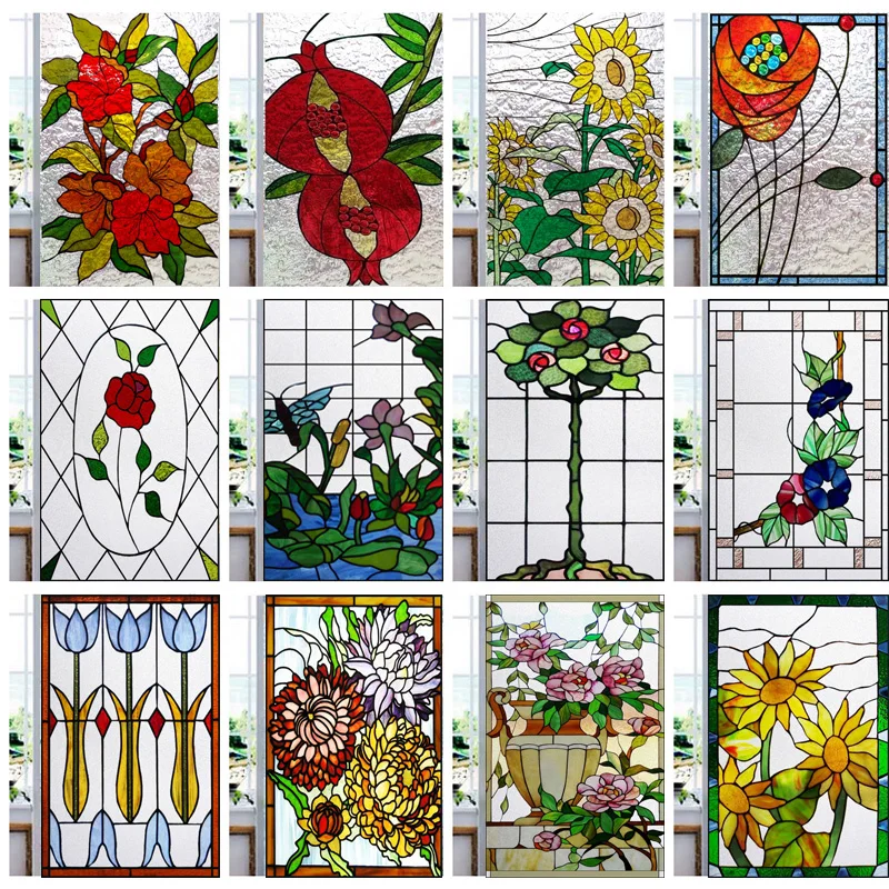Flower Stained Glass Window Film Static Cling Decorative Privacy Film for Home Kitchen Office Anti-UV Door Sticker