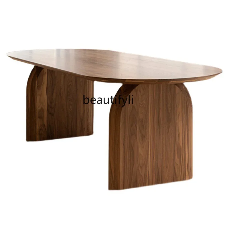 

Italian minimalist dining table wabi wind black walnut solid wood oval dining table designer art