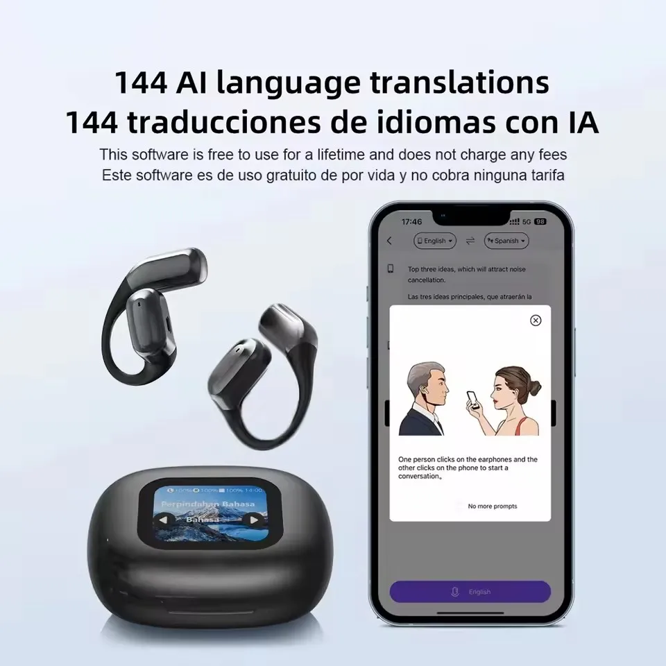 Hellodigi AI Translation Earphones Bluetooth 5.4 Touch Color Screen OWS Wireless Earphones Real Time Translation Headphones