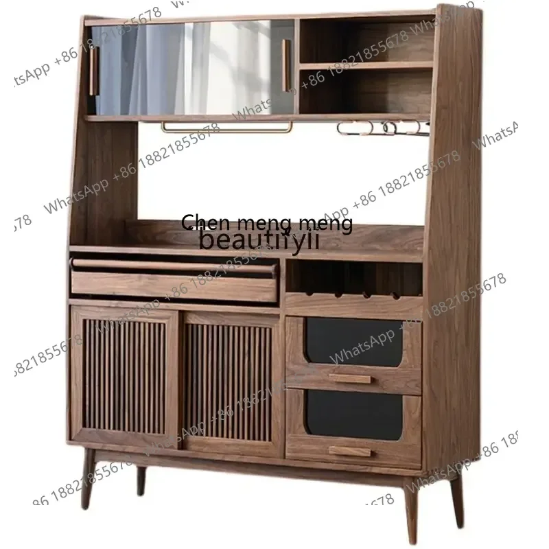 

cc182R11 North America Black Walnut Wood Sideboard Cabinet Nordic Multi-Function Storage Glass Sliding Door Restaurant Locker