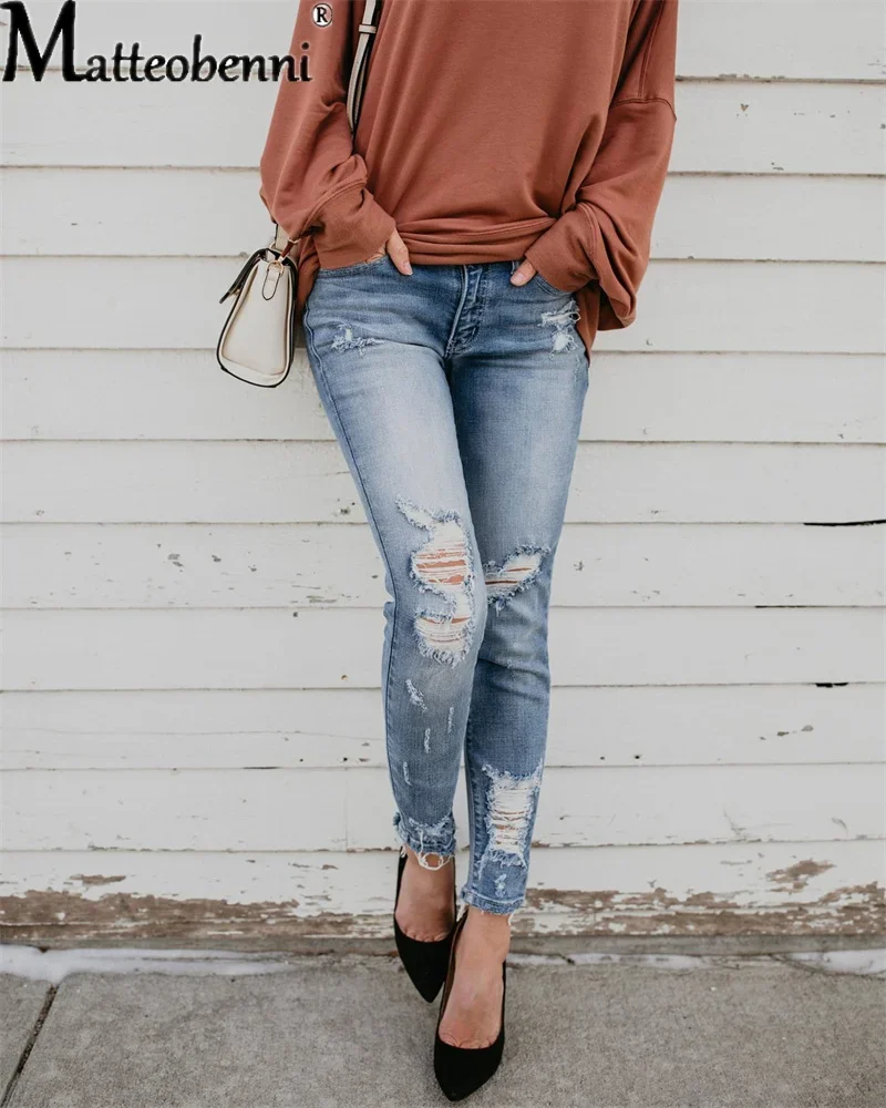 جينز مثير بقصة ضيقة عالي الخصر للنساء ، ملابس شارع نسائية ، ملابس غير رسمية عتيقة ، بنطال جينز ضيق ، بنطلون نحيف ممزق أجوف #3