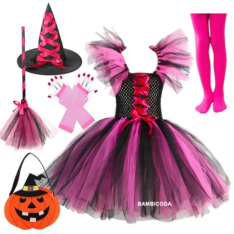 2024 Child Kids Witch Costume Girls Halloween Purim Carnival Party Mardi Gras Fantasia Fancy Toddler Kids Princess Dress Cosplay