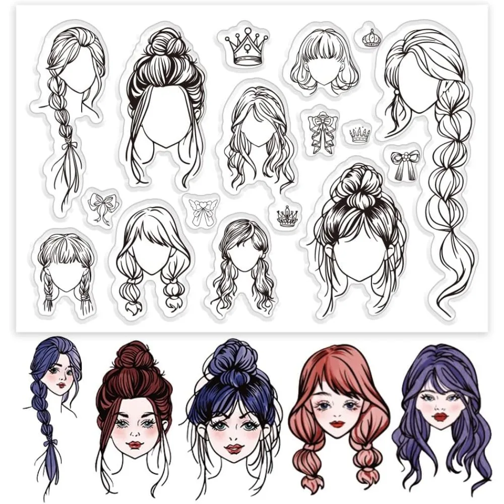 Hairstyle Clear Stamps Set 17pcs Stamp Rubber Stamp for Journaling Transparent Stamps for Character Photo Album Decoration