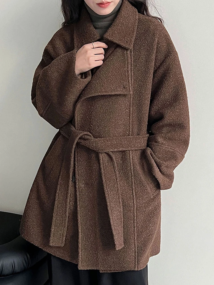 YERMORA Coffee Belt Irregular Button Woolen Coat For Women Lapel Long Sleeve Loose New Overcoat Fashion Tide Autumn Winter 2025