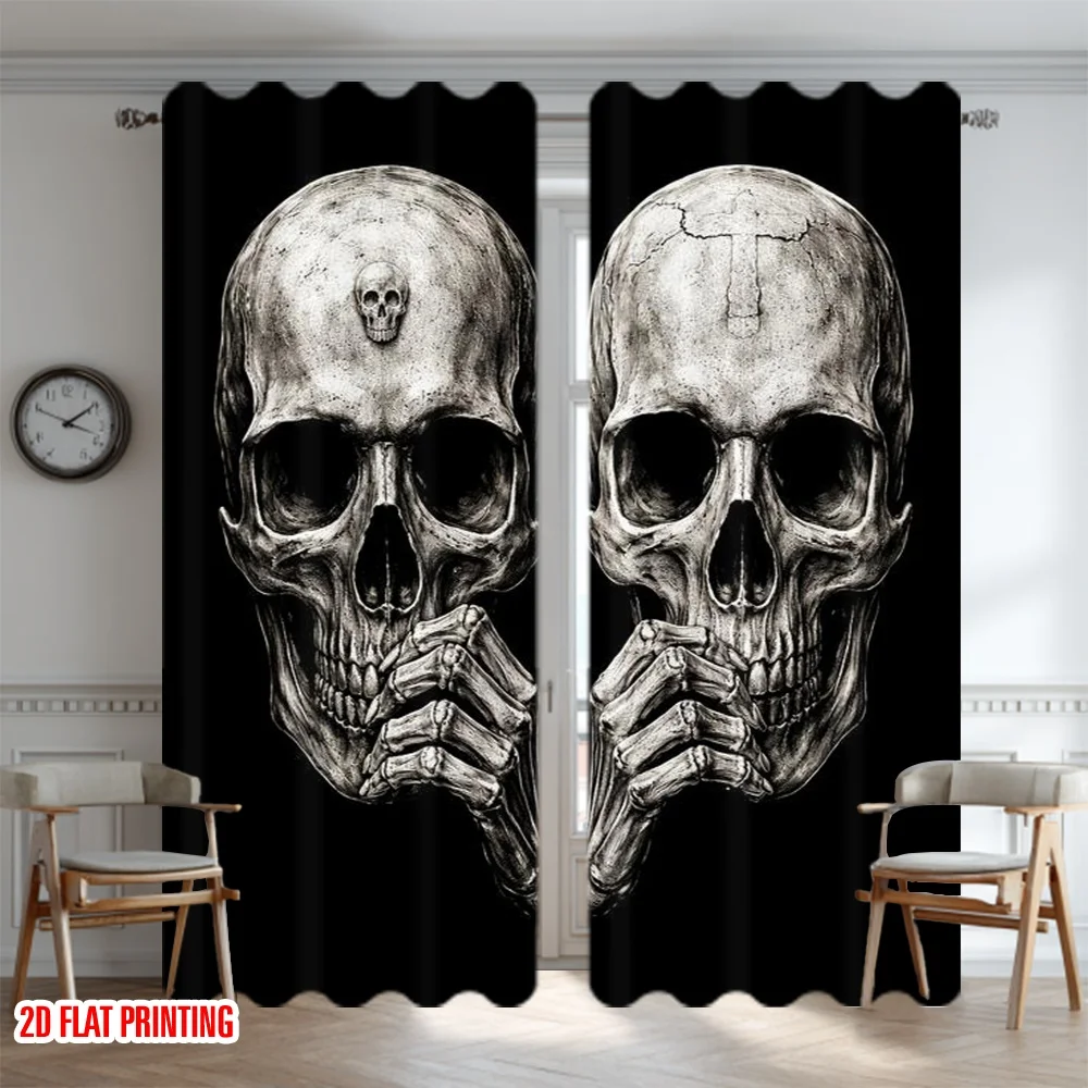 2D flat printing 2pcs Curtain Curtain Halloween Skull Reflection Digital Printed Polyester Drapes Seasonal Party & Holiday Decor
