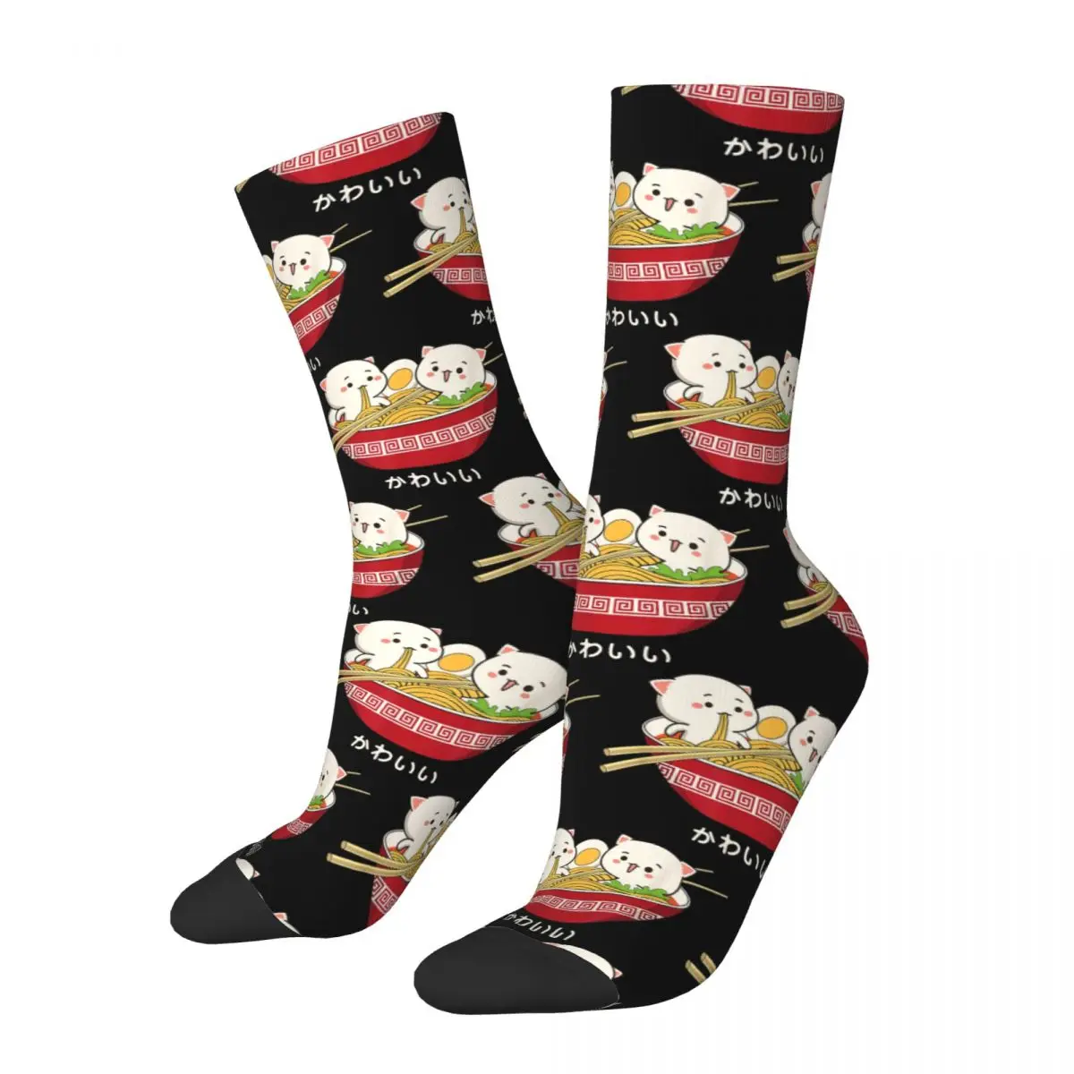 Calcetines largos de poliéster para hombre y mujer, medias informales de estilo Kawaii, japonés, Tokyo, Anime, Cat Ramen, absorben el sudor