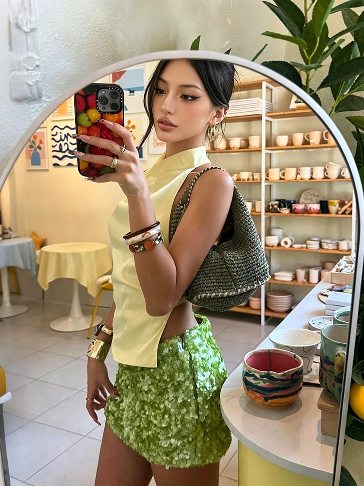 

Комплект из 2 предметов Whatiwear Vacation: женский атласный топ-халтер с открытой спиной и воротником-стойкой + простая юбка с пайетками, летний сексуальный модный костюм