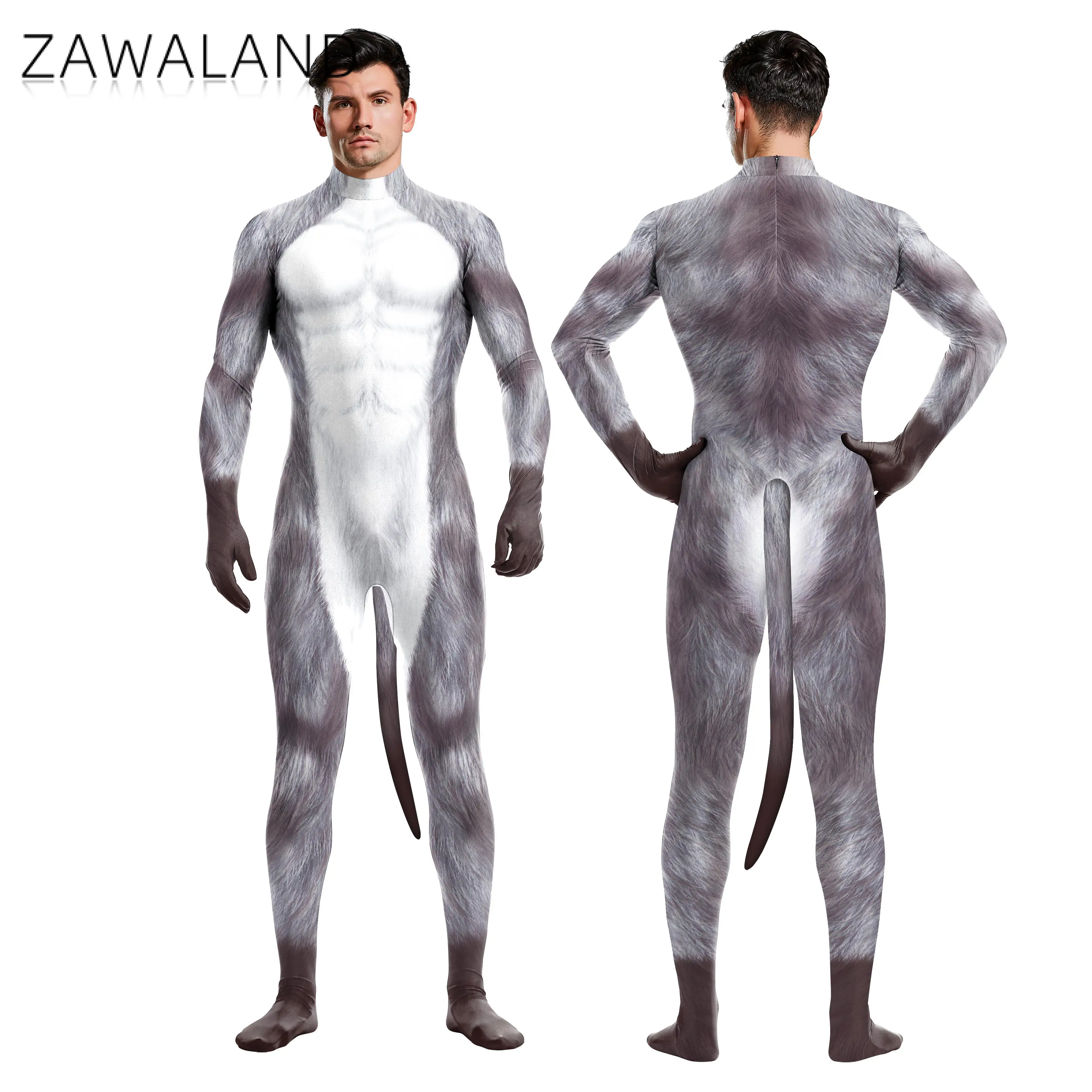 Zawaland-mono con estampado 3D de lobo de nieve para Halloween, traje ajustado de manga larga, disfraces Zentai con cola