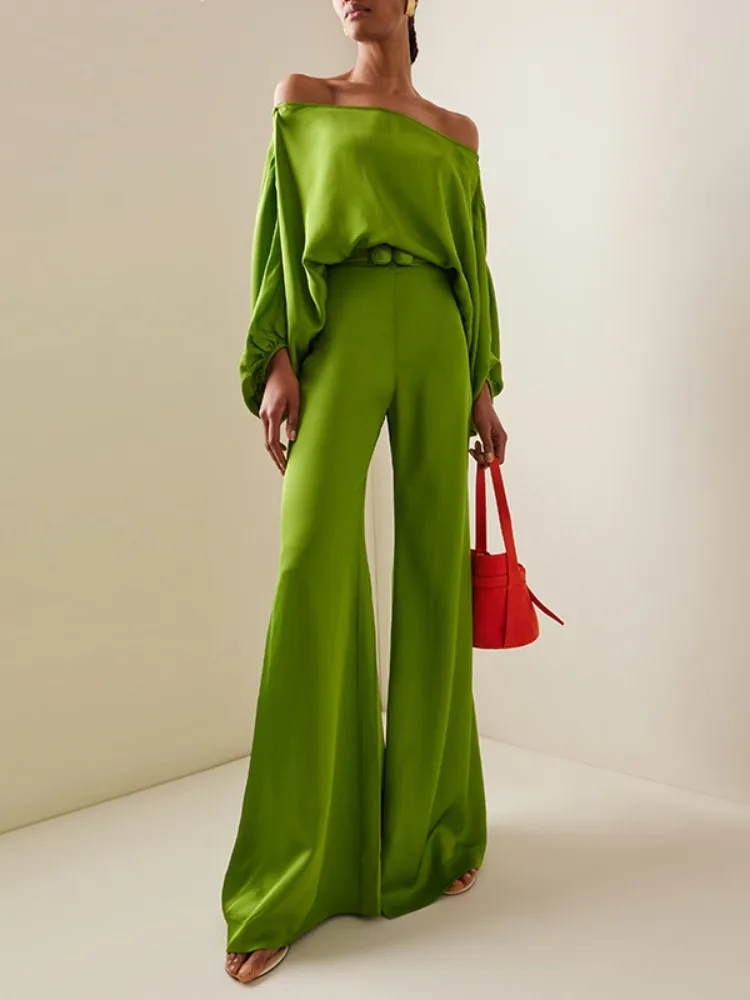 Onecozyday 2024 Solid Green Elegant Suit for Women Off-the-shoulder Shirt & Blouse Top and High Waist Wide Leg Pants Trousers