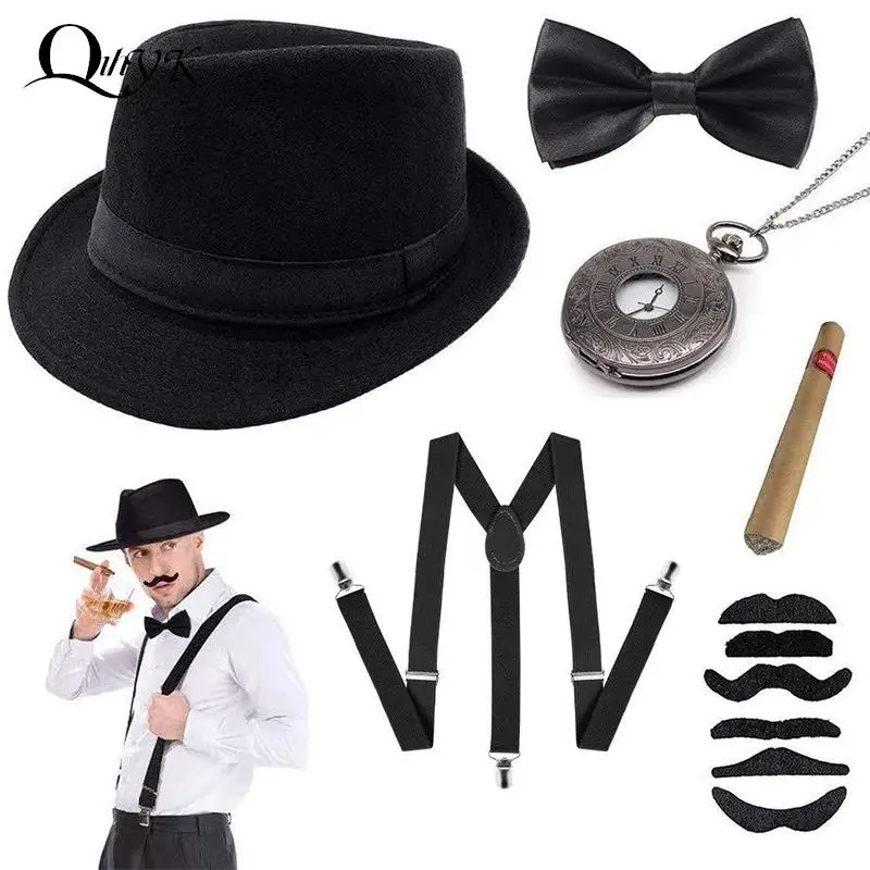 Halloween 1920s męskie Gatsby Gangster zestaw akcesoriów Panama kapelusz szelki muszka 20s świetny akcesoria Cosplay Gatsby