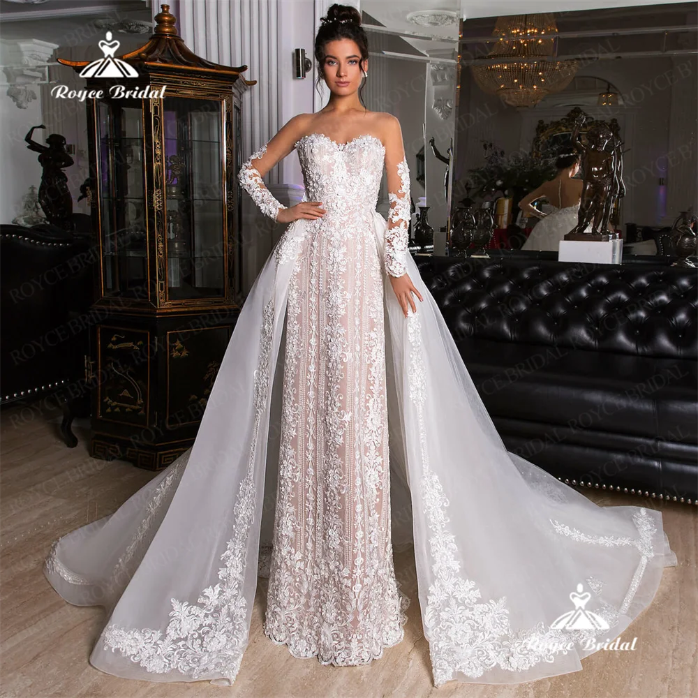 Roycebridal-Robe de mariée sans bretelles A Line, robe de mariée personnalisée avec poignées en dentelle, robe de mariée avec train amovible, 2025