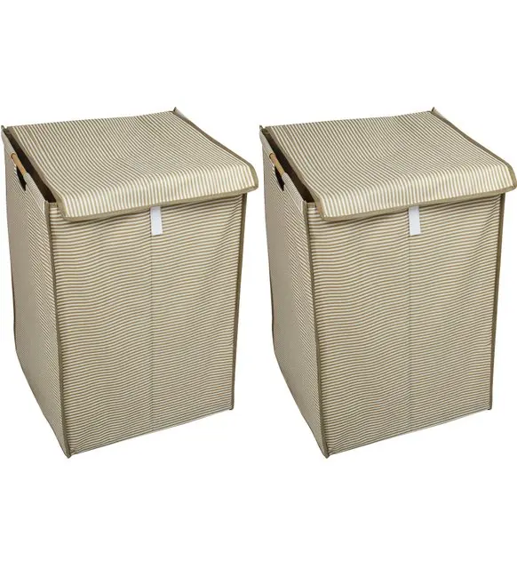 2 pcs-Cover Dirt resistant Laundry Basket-Wood Handle, Foldable 40x40x60-Striped Model-Color Seçenekli