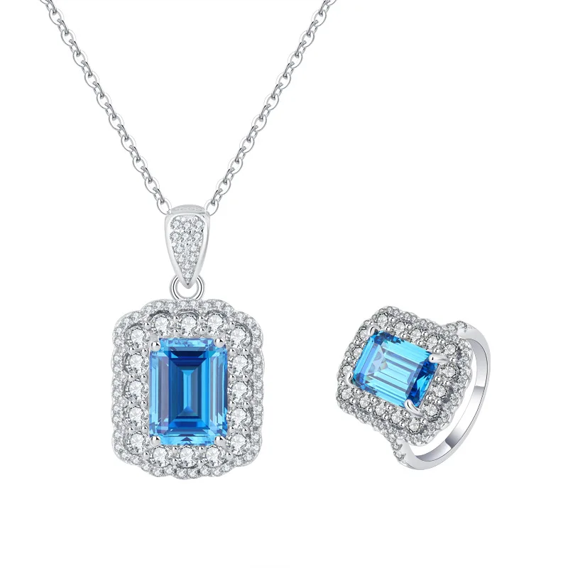 Jewelry S925 Sterling Silver Aquamarine Light Luxury Pendant Set Female Main Stone 8*11
