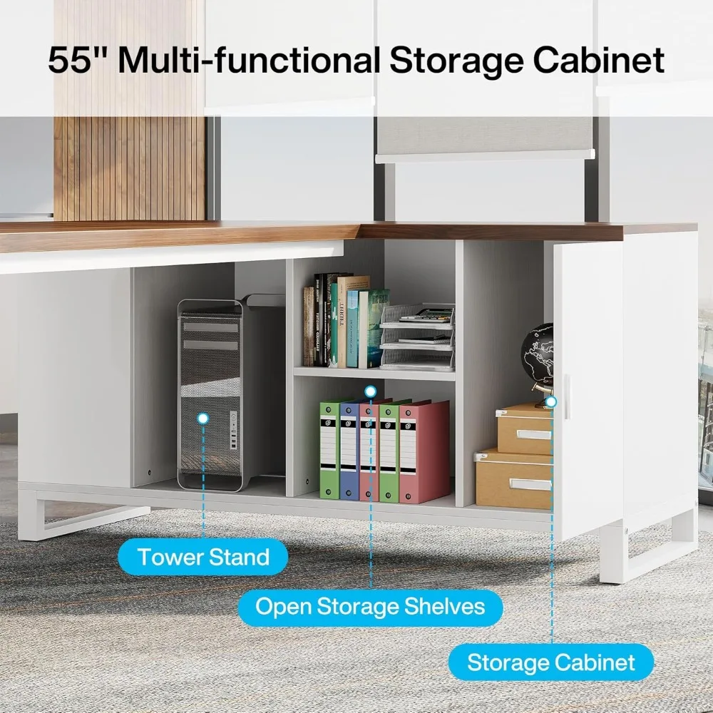 70.8 "L-Vormig Bureau Met 55" Archiefkast, Kantoorcomputerbureau Met Opbergplanken En Kast, Set Thuiskantoor, Walnotenwit