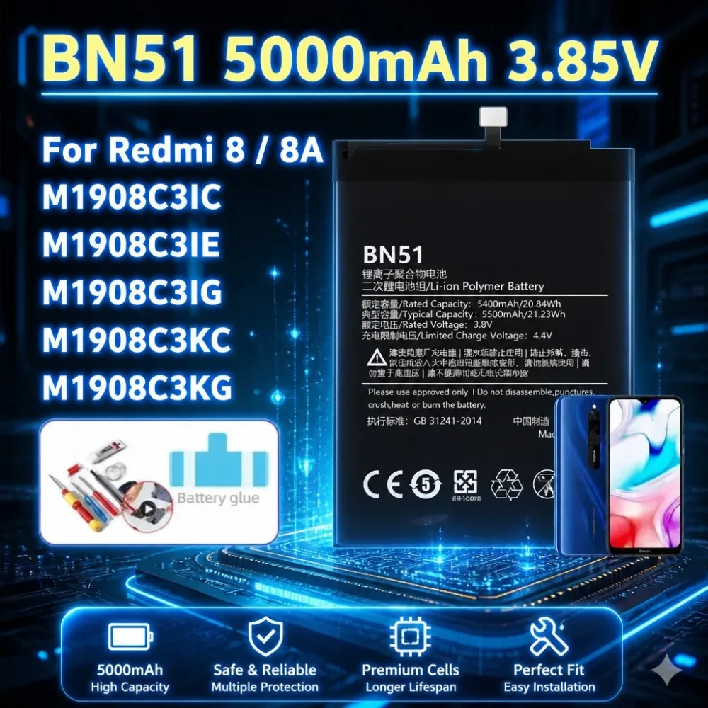 Large Capacity New BN51 5000mAh 3.85V Mobile Phone Battery For Redmi 8 8A M1908C3IC M1908C3IE M1908C3IG M1908C3KC M1908C3KG