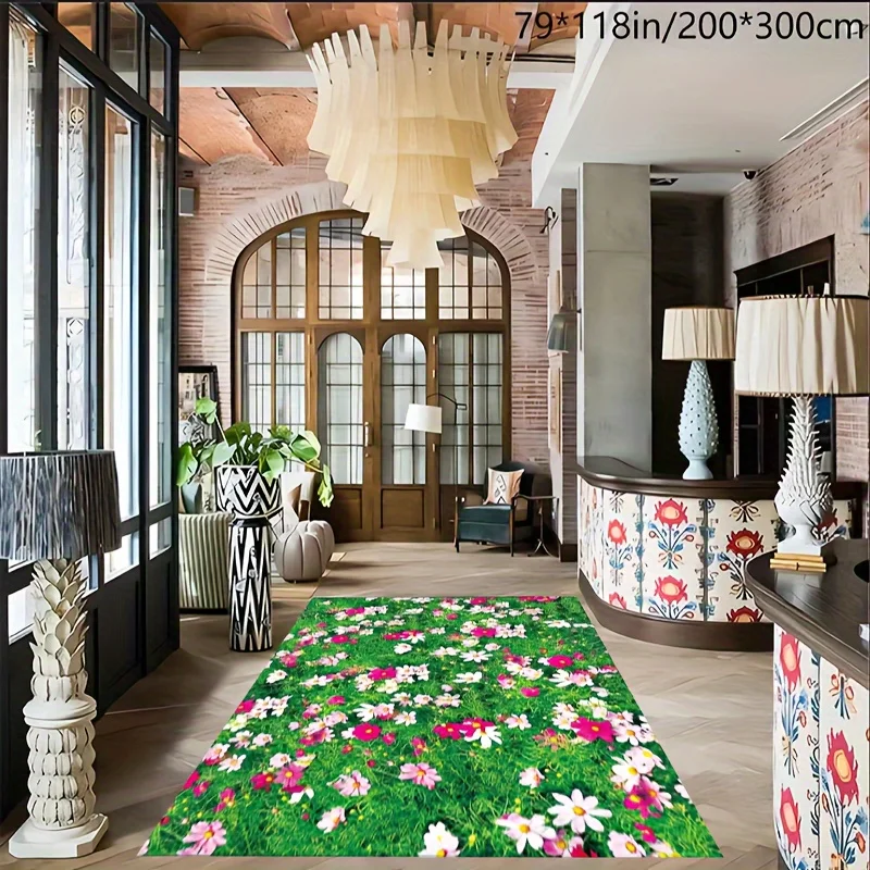 A Fresh Floral Home Decor Carpet Made of Crystal Velvet, Weighing 1.76 LB Per Square Meter, Featuring a Non-Slip Dotted Plastic