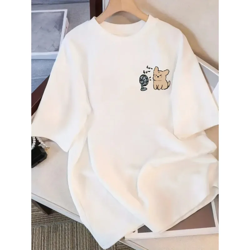 

Plus Size Women's White Casual Round Neck Short Sleeved T-shirt Minimalist Cartoon Animal Print Cute and Fashionable Y2K Top