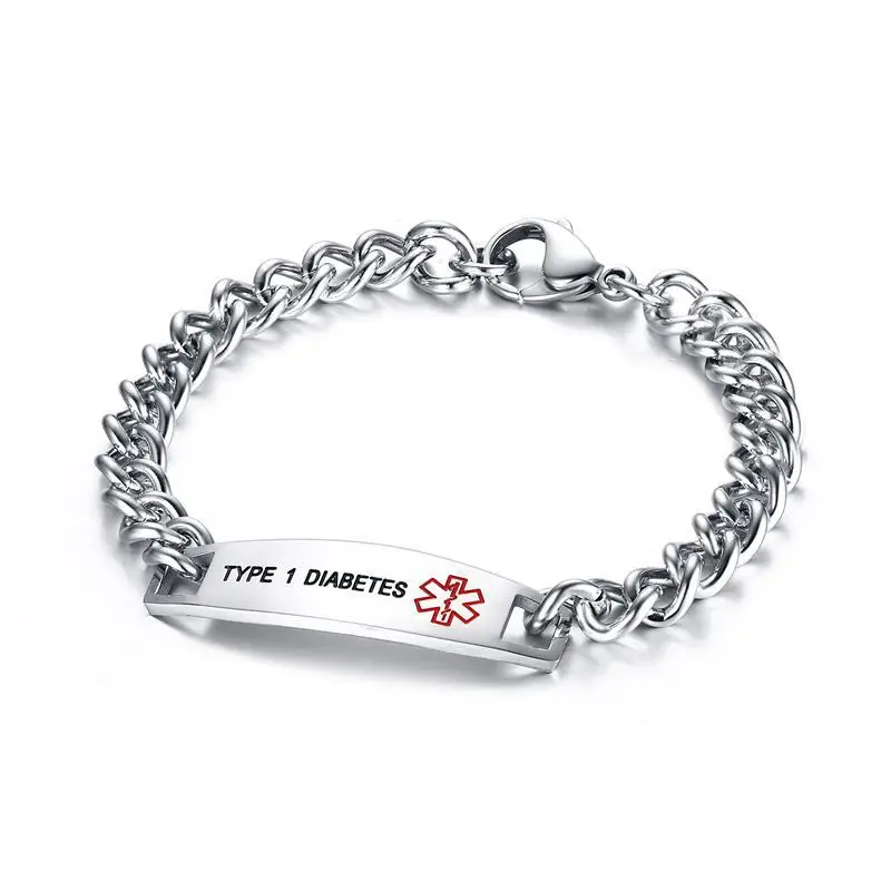 Pulsera médica para hombre, cadena de acero inoxidable, pulsera con etiqueta de titanio, pulsera DIABETES EPILEPSY WARFARIN PACEMAKER, venta al por mayor de fábrica