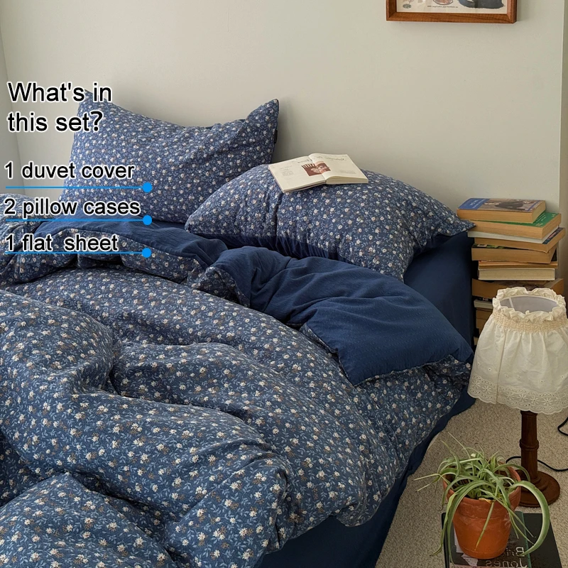 Dark Blue Tiny Floral Bubble Crinkle 4 Piece Bedding Set, Duvet Cover + Flat Sheet + 2 Pillowcases, Breathable Washable Bed Set