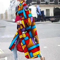 2023 Autumn Winter Woolen Coat Top Women Printed Cardigan Large Coat Women Long Sleeve Turn-down Collar Warm Woolen Trench Coat