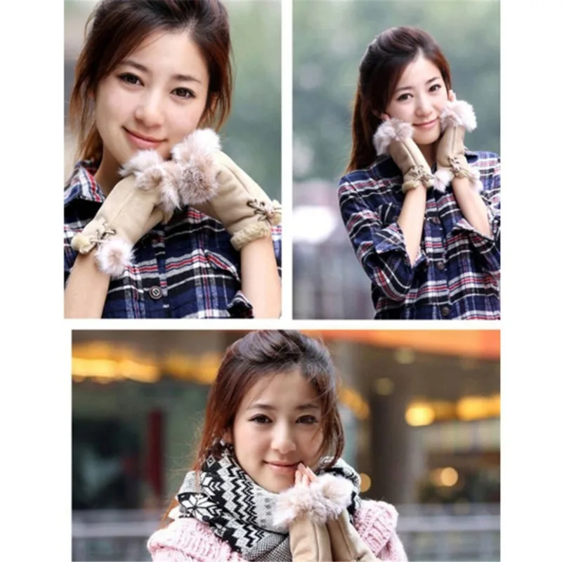 High Quality Half Finger Female Gloves Cute Plush Leather Gloves Faux Rabbit Hair Wrist Fingerless Mittens For Women