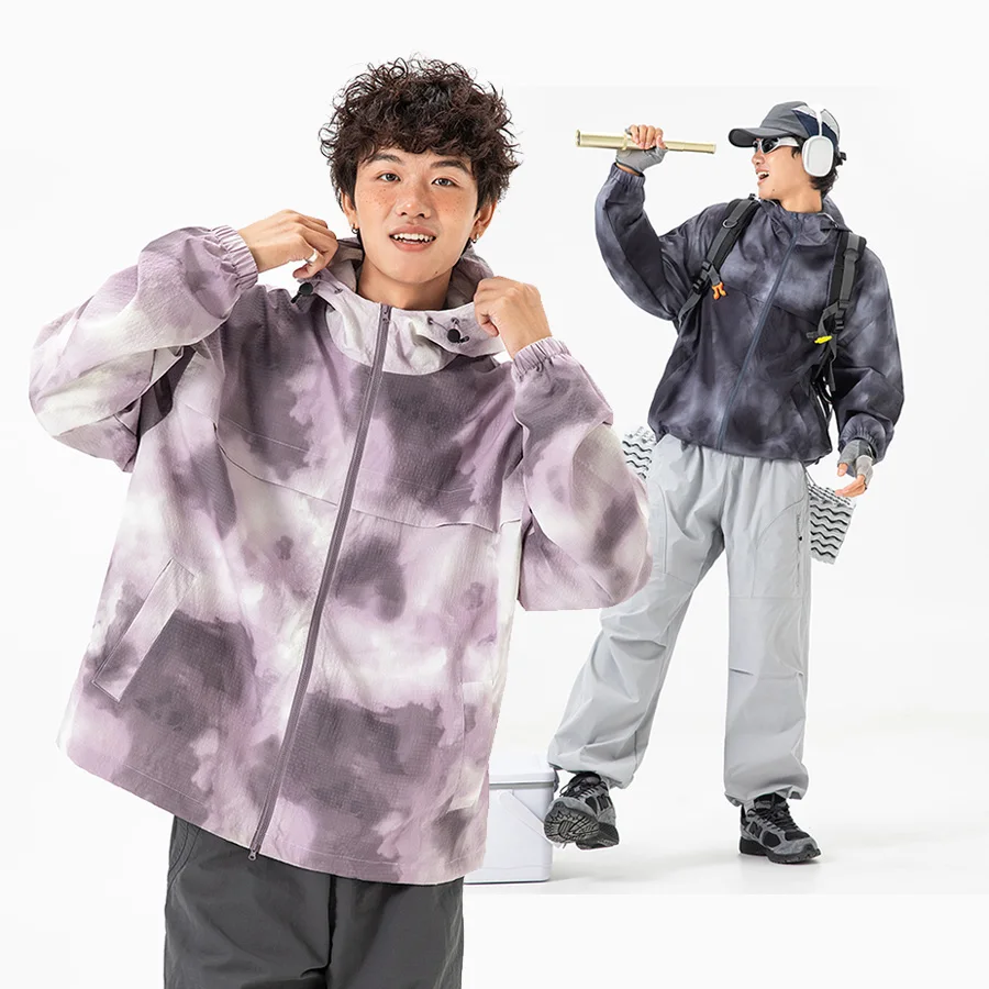 

Outdoor Hiking Waterproof Tie Dye Jacket Men Women Lightweight Loose Casual Tracksuit Sport Hooded Jacket Couple Coat Outerwear