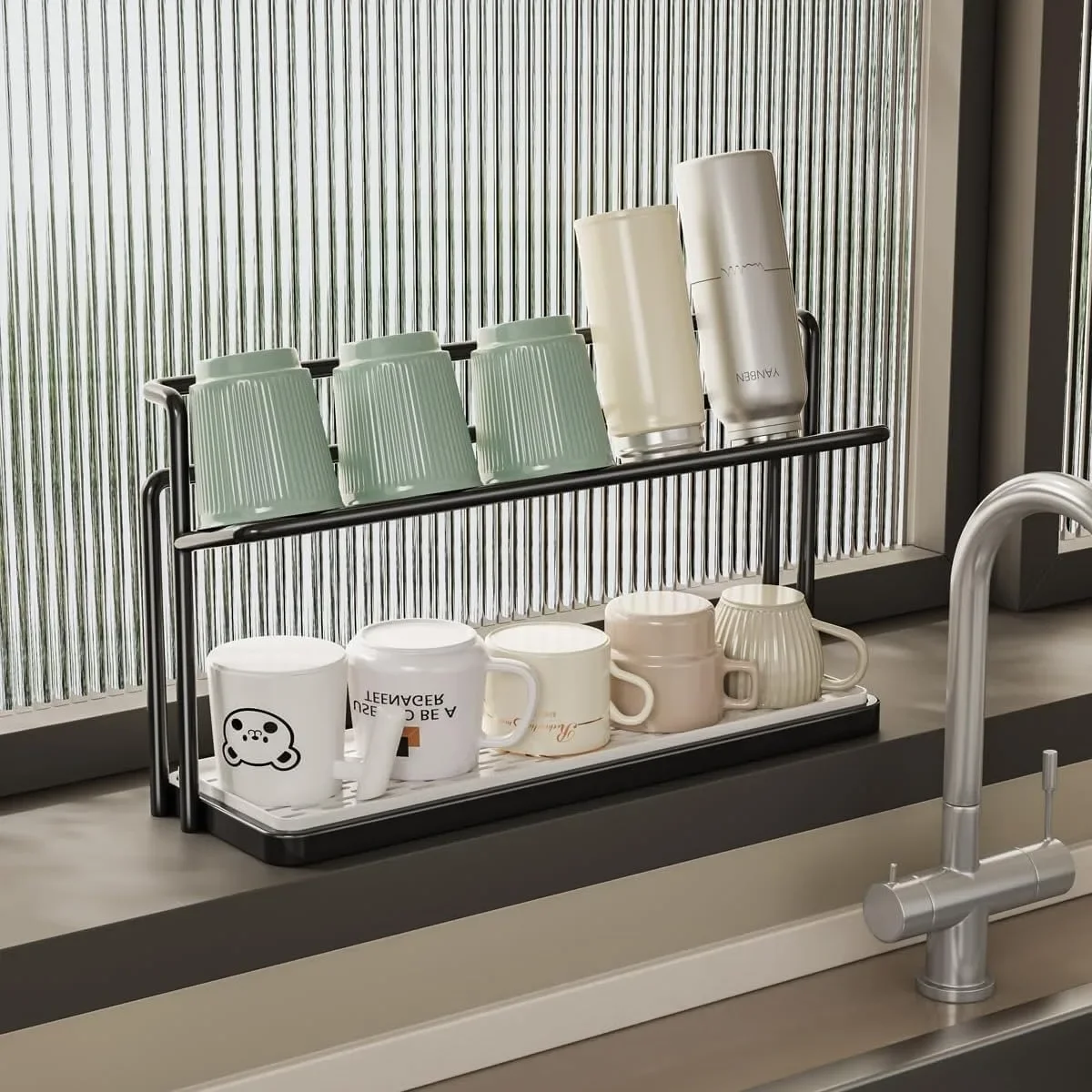 2 Layer Bottle Drying Rack Cups Storage Rack with Drain Tray, Mug Organizer for Kitchen, Coffee Mug Holder for Kitchen Counter - Image 3