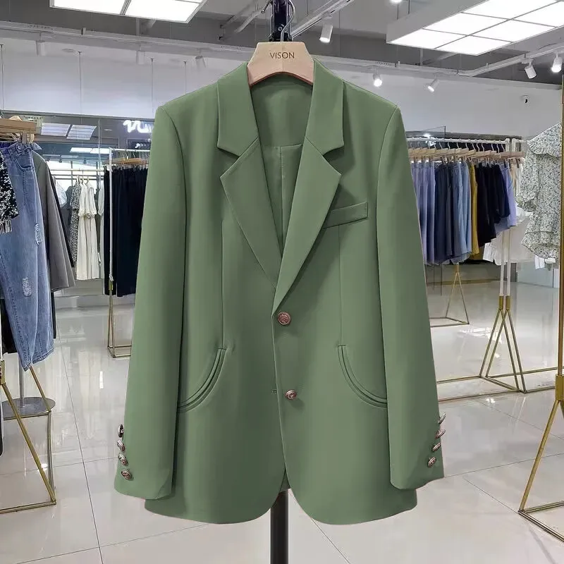 2024 NEW Fashion Emerald Green Suit Jacket Mid Length Women's Blazer Spring Autumn Single Row Buckle Suit Coat Casaco Feminino