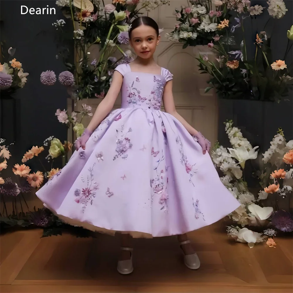 

Customized Flower Girl Dress Evening Dress Dearin Square Collar Ball Gown Ankle Length Skirts Layered Draped Applique Print Flow