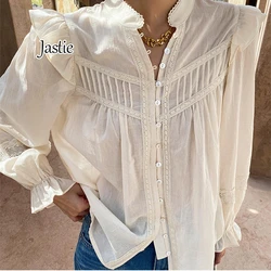 Jastie 2024 Spring Summer New Shirt Women's Patchwork Lace Long-sleeve French Shirts Blouse Cotton White Casual Boho Shirt Tops