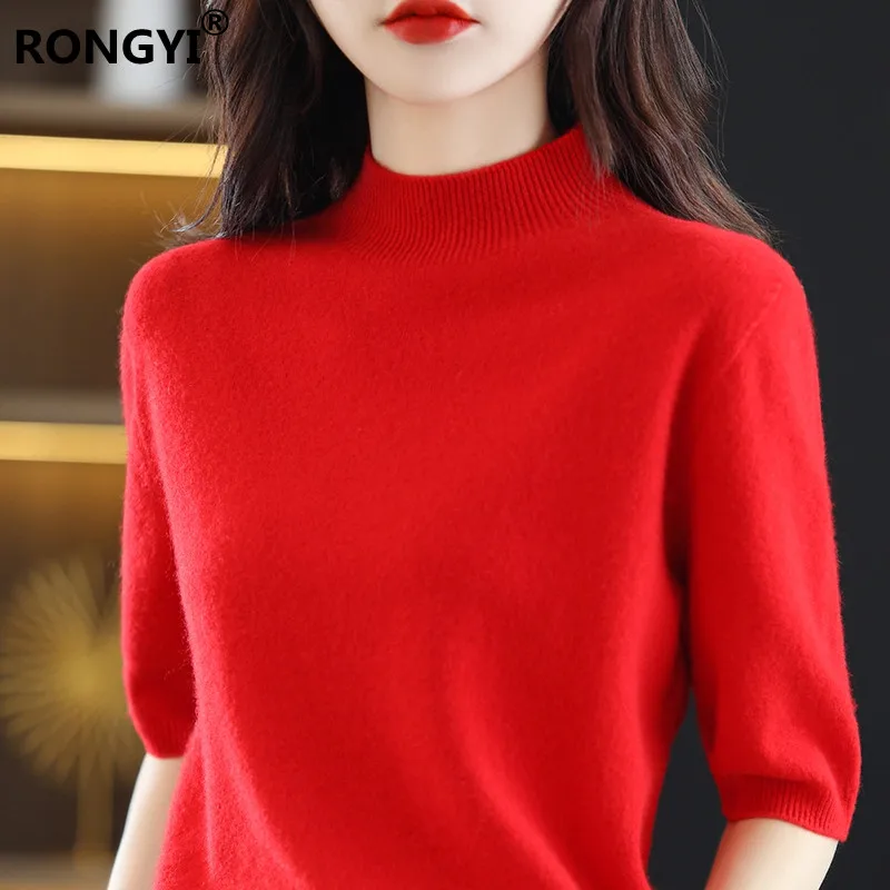 RONGYI Seamless Cashmere Sweater Knitted Women\'s Clothing 100% Pure Wool Short-Sleeved 2022 Spring Five-Quarter Sleeve  Pullover