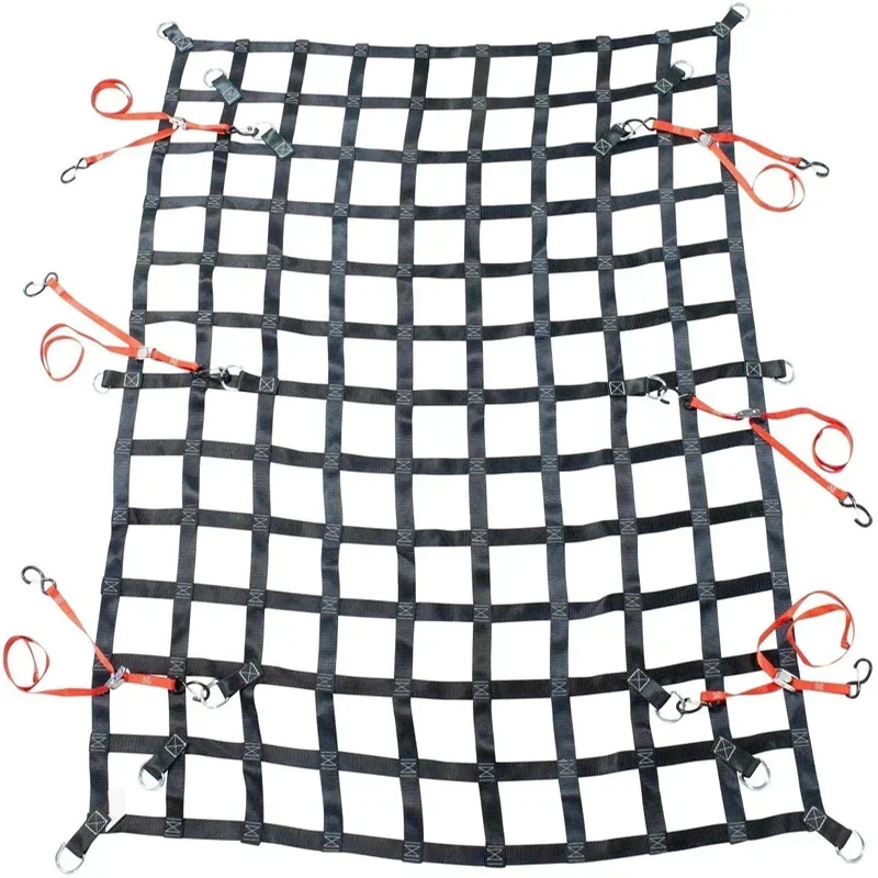 Heavy Duty Webbing Cargo Net Loading Packing Cross Strap Truck Bed Cargo Net Mesh Cargo Net With 6 Cam Buckle Tie Down Straps