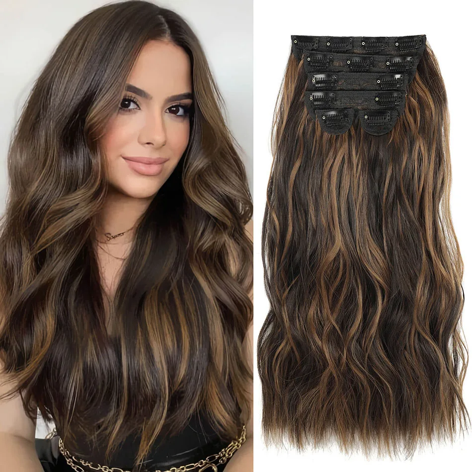 

Набор из 6 синтетических длинных волнистых накладных прядей для волос (20 дюймов) на заколках: черные, коричневые, светлые — для объема и длины