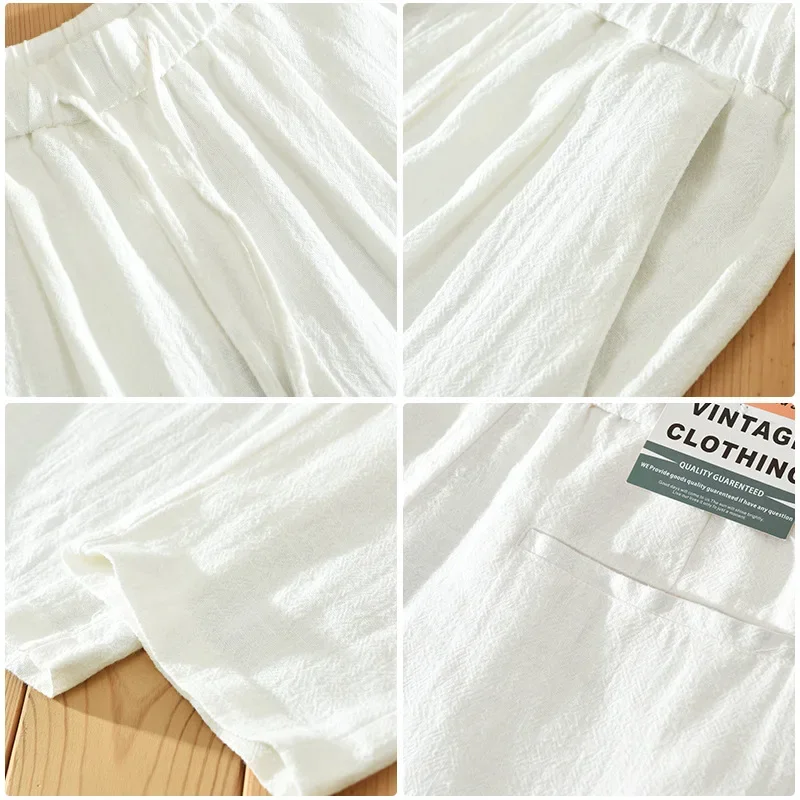 Pantaloni di lino in cotone affusolato Pantaloni casual da spiaggia estivi da uomo Pantaloni in vita elastica con coulisse solida Pantaloni larghi retrò giapponesi