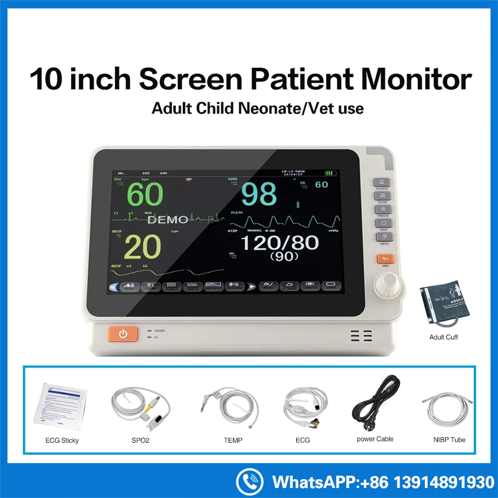 Monitor portátil de 10 pulgadas para uso humano/veterinario, monitor de 6 parámetros ECG/NIBP/PR/SPO2/RESP/TEMP, monitor de signos vitales del paciente.