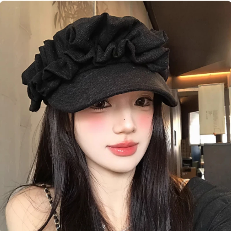 

Японские нишевые литературные черные плиссированные береты для женщин: элегантные весенне-летние кепки-газетчики большого размера с защитой от солнца
