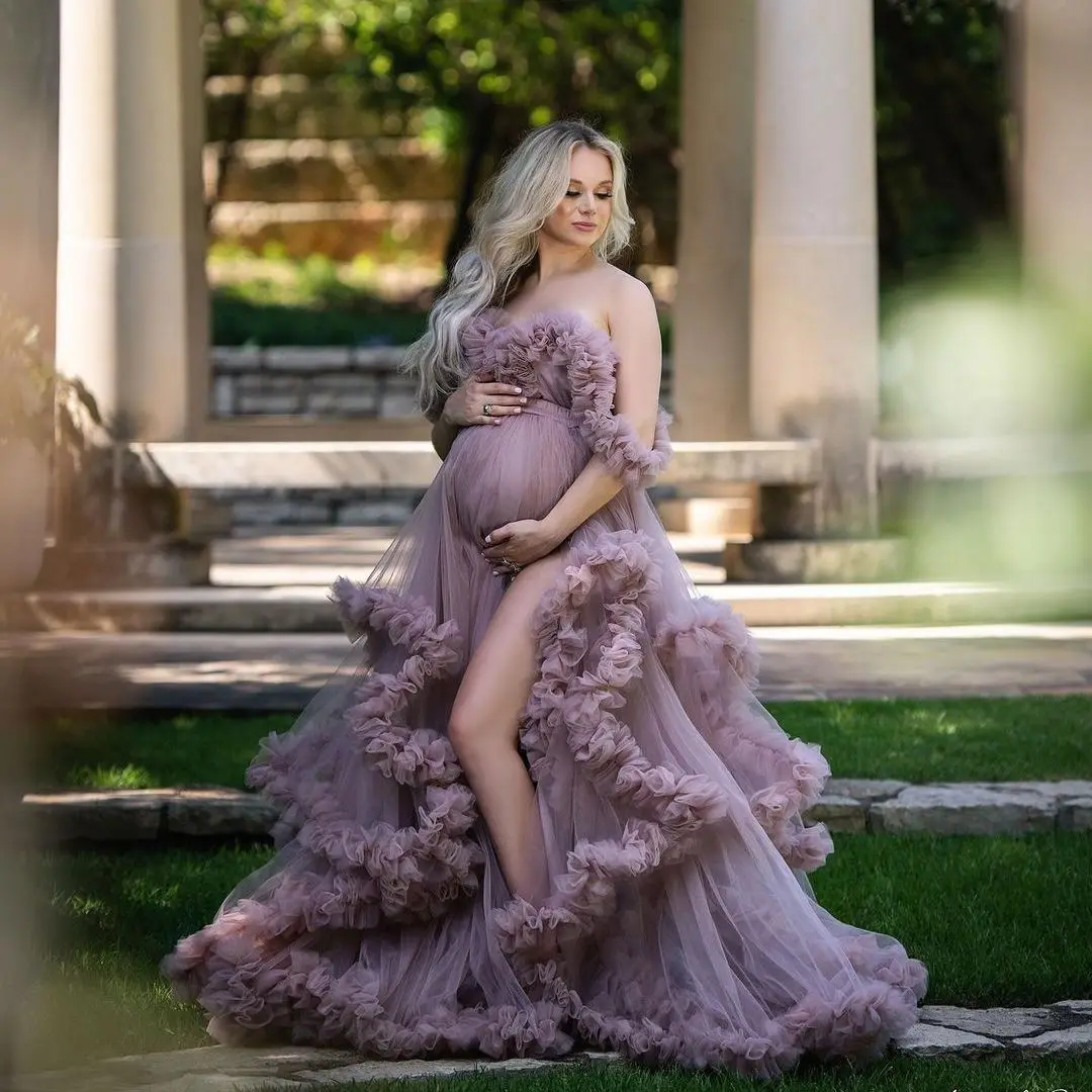 Photography Tulle Maternity Dress Mesh Maternity Gowns Off Shoulder Side Slit Violet Custom Made Photography Pregnancy Dress