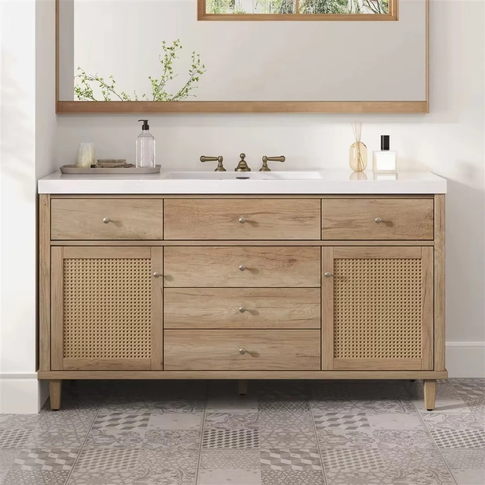 

Factory 60" Bathroom Vanity with SMC Sink, Modern Large Storage Cabinet Soft-Close Drawers and Rattan Doors