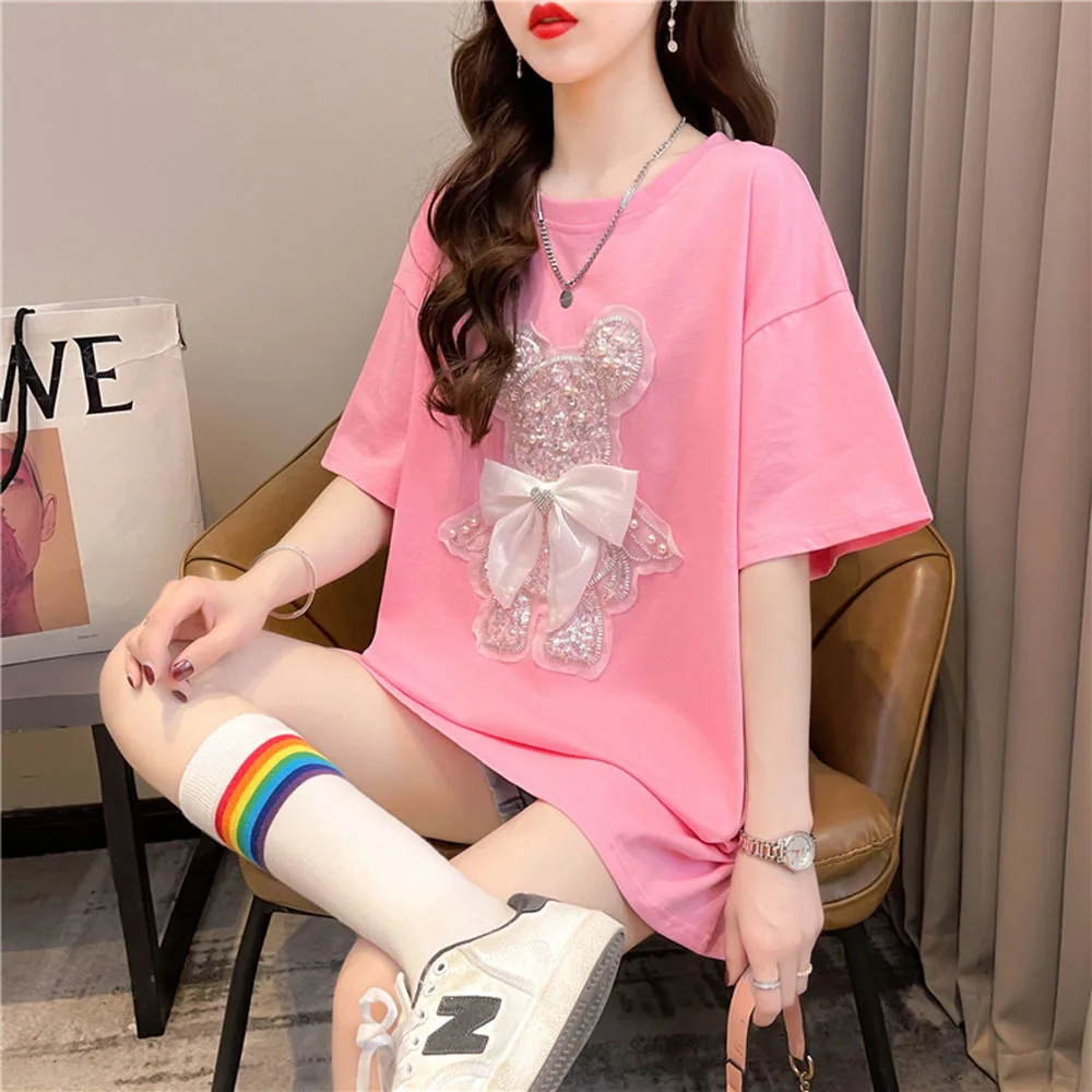 Cartoon Bear Beading Loose Cotton Tops Women Summer Round Neck Female Casual White T-shirts Ladies Short Sleeve Oversized Tees