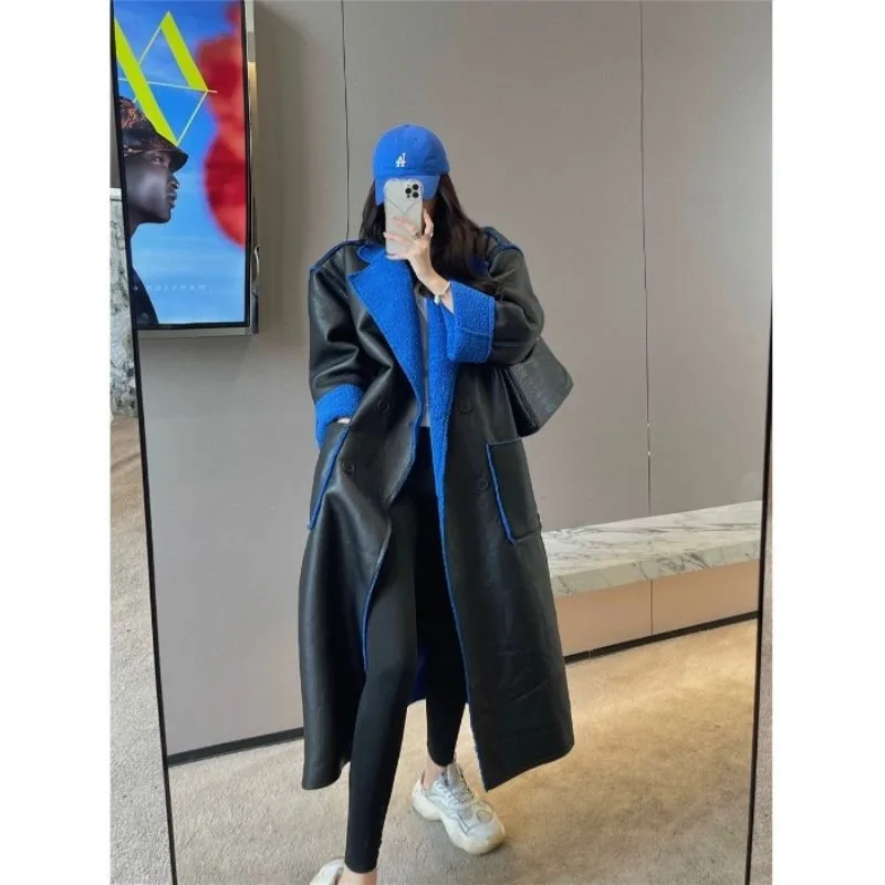 A new double-layered lambing and fur mixed coat for women thick loose mid-length leather