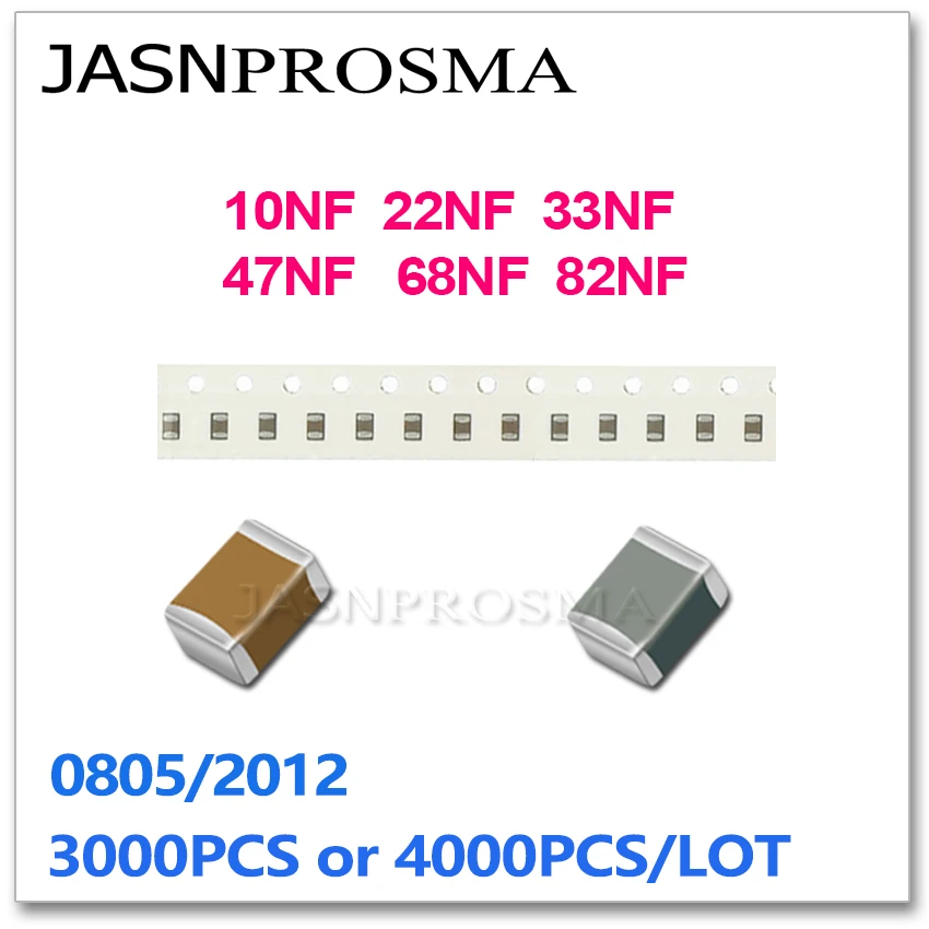 

JASNPROSMA 3000PCS 4000PCS 0805 2012 X7R NPO 5% 10% 10NF 22NF 33NF 47NF 68NF 82NF 103 223 473 J K 50V SMD High quality Capacitor